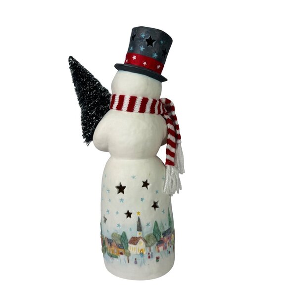 2012 Hallmark Snowman Tea Light Holder With Christmas Village Scene & Scarf - Picture 4 of 6